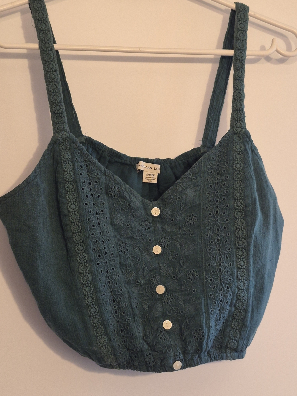 American Eagle Outfitters Teal Eyelet Button-Front Cropped Tank